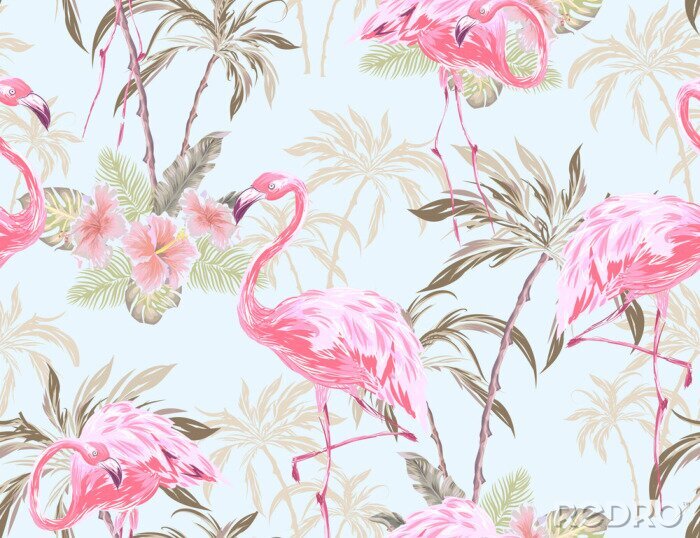 Papier peint  Flamants roses pastel et plantes tropicales