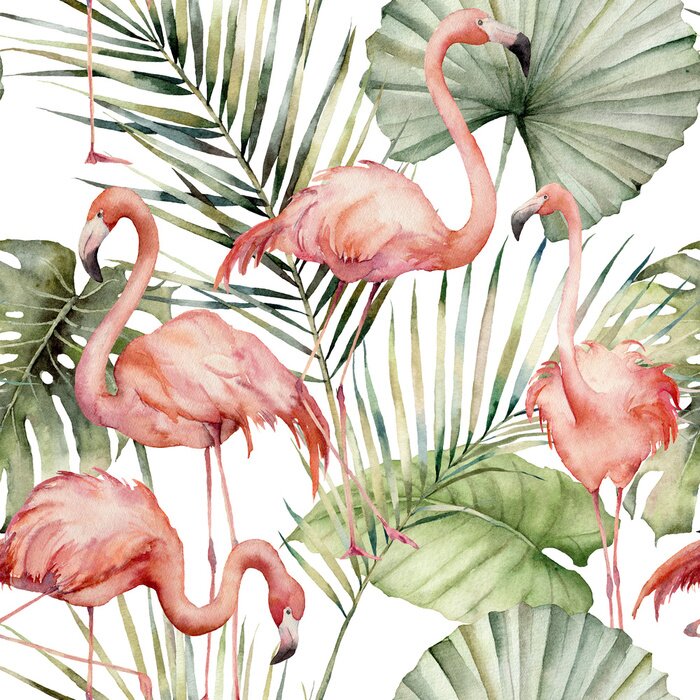 Papier peint  Flamants roses sur un fond de feuilles tropicales version aquarelle