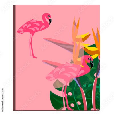 Papier peint  Flamingo and strelitzia flower. Tropical Summer. Palm leaves, plants, Bird of paradise. Rectangle frame. Text.