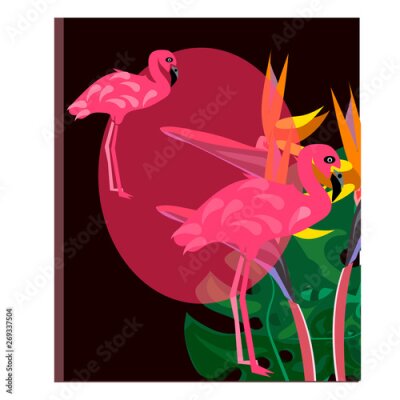 Papier peint  Flamingo and strelitzia flower. Tropical Summer. Palm leaves, plants, Bird of paradise. Rectangle frame. Text.