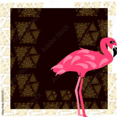 Papier peint  Flamingo and strelitzia flower. Tropical Summer. Palm leaves, plants, Bird of paradise. Rectangle frame. Text.