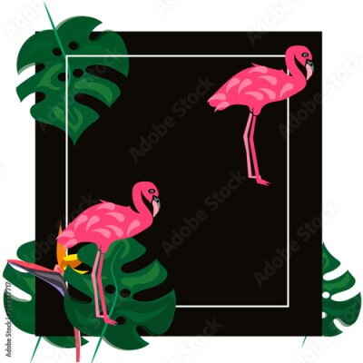 Papier peint  Flamingo and strelitzia flower. Tropical Summer. Palm leaves, plants, Bird of paradise. Rectangle frame. Text.