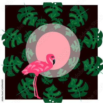 Papier peint  Flamingo and strelitzia flower. Tropical Summer. Palm leaves, plants, Bird of paradise. Rectangle frame. Text.