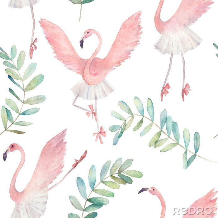 Papier peint  Flamingo dancing ballet. Hand drawn illustration. Watercolor abstract seamless pattern