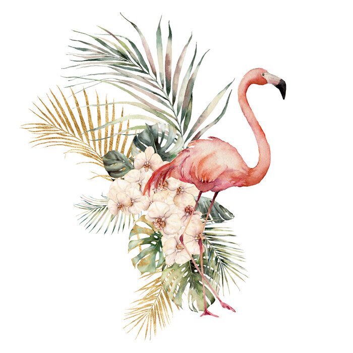 Papier peint  Flamingo entouré de plantes tropicales