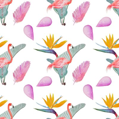 Papier peint  flamingo pattern with strelitzia leaves and flowers pink feathers watercolor painted