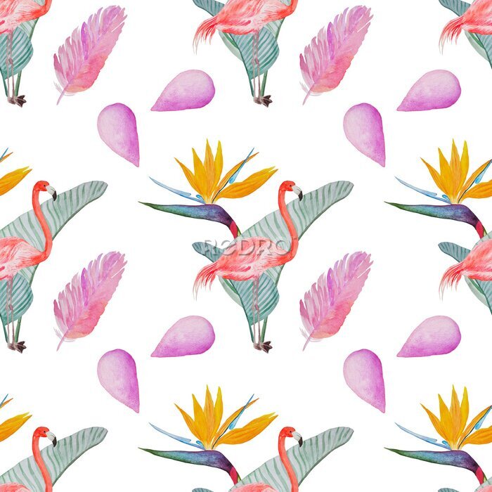 Papier peint  flamingo pattern with strelitzia leaves and flowers pink feathers watercolor painted
