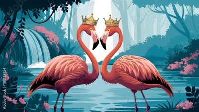 Papier peint  Flamingo seamless pattern on a background of tropical leaves. Popular background