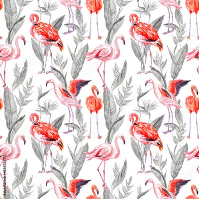 Papier peint  Flamingo seamless pattern on strelitzia tropical plants background, watercolor illustration on white background, tropical print for fabric, wallpaper, wrapping paper, home furnishings decor, etc.