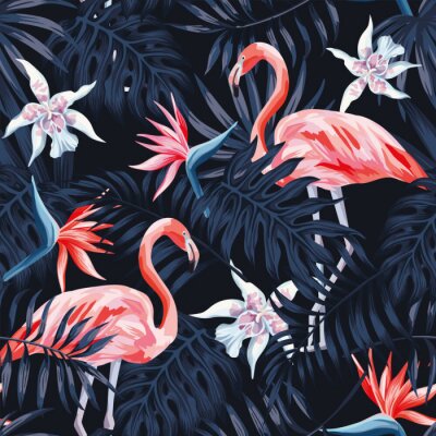 Papier peint  flamingo strelitzia palm leaves dark background pattern