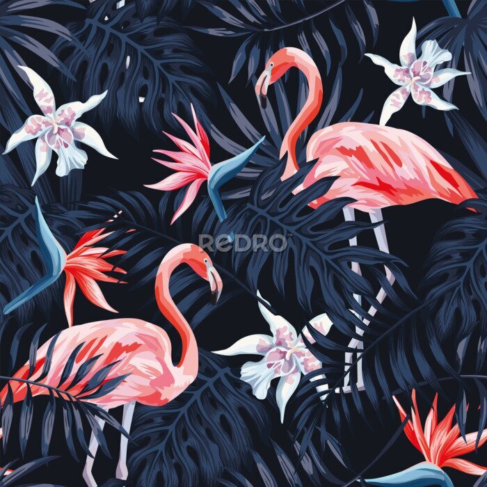 Papier peint  flamingo strelitzia palm leaves dark background pattern