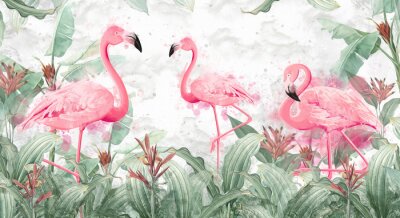 Papier peint  flamingos in tropical streams with textured background, photo wallpaper