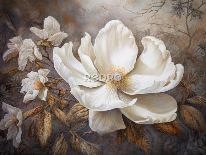 Papier peint  Fleur de Magnolia Blanche et Feuilles Dorées