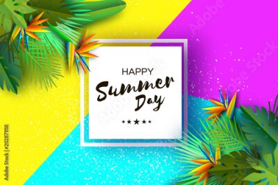 Papier peint  Fleur Strelitzia. Oiseau de paradis - plante tropicale exotique. Palms. Été dans le style de coupe de papier. Texte. Arrière-plan floral Origami Monstera jungle. Cadre carré. Offre spéciale. Vente. Af