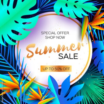 Papier peint  Fleur Strelitzia. Oiseau de paradis - plante tropicale exotique. Palms. Vente d'été en papier coupe style. Texte. Arrière-plan floral Origami Monstera jungle. Offre spéciale. Affiche, Flyer