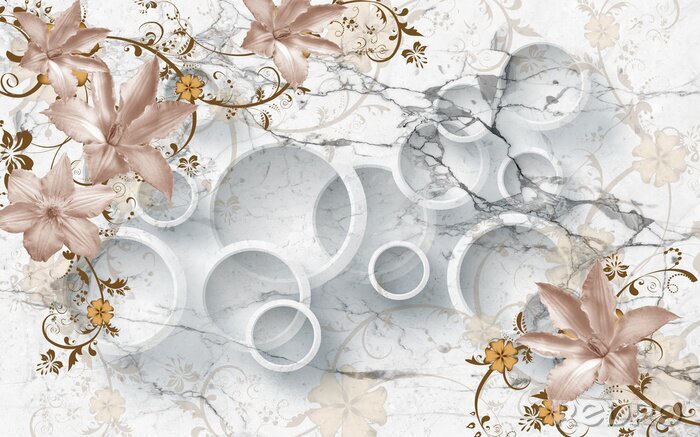 Papier peint  Fleurs 3D sur papier peint circulaire en marbre, rendu 3d.