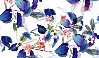Papier peint  Fleurs aux feuilles bleues