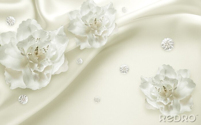 Papier peint  fleurs blanches 3d sur fond crème