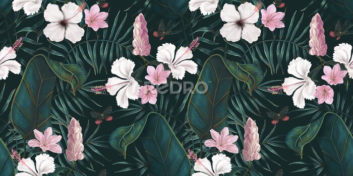 Papier peint  Fleurs blanches et roses sur fond vert avec des feuilles