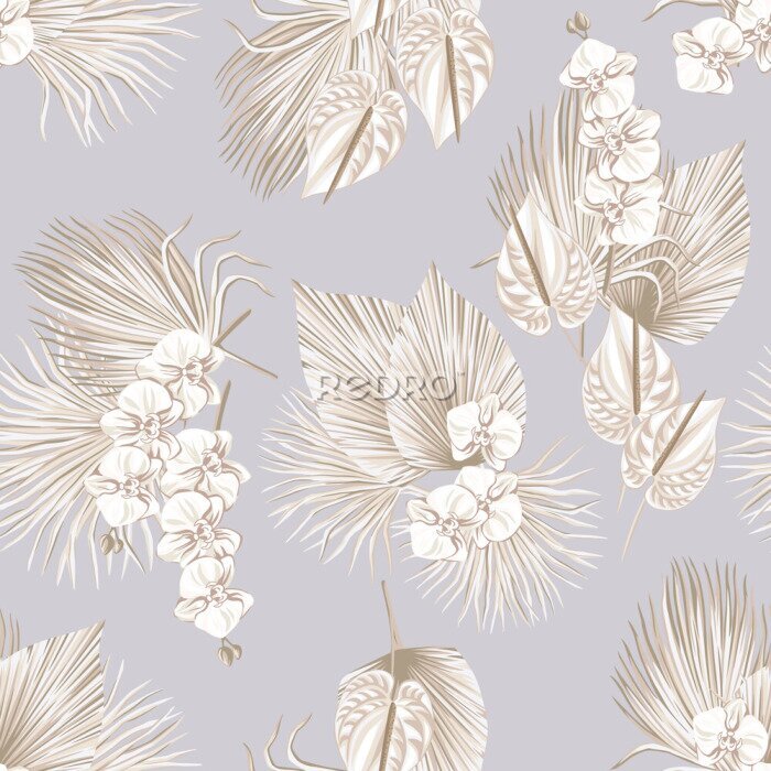 Papier peint  Fleurs Boho sur fond violet pastel