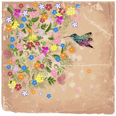 Fleurs colorées et colibri fond rétro