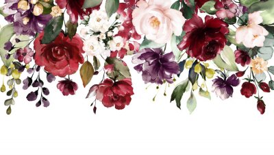 Papier peint  Fleurs d'aquarelle. illustration florale, feuille et boutons. Composition botanique pour mariage ou carte de voeux. Bordure, branche de fleurs - roses d'abstraction