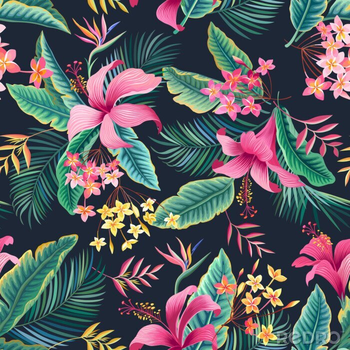 Papier peint  Fleurs d'hibiscus rose parmi les feuilles tropicales