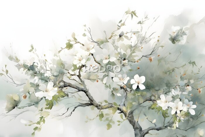 Papier peint  Fleurs de Cerisier Blanches sur une Branche