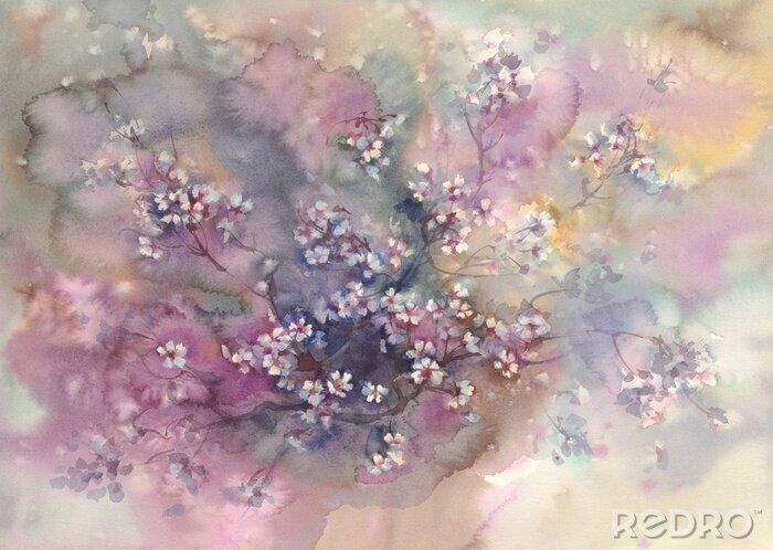 Papier peint  Fleurs de cerisier en fleurs sur fond aquarelle