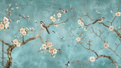 Papier peint  Fleurs de cerisier et branches sur fond bleu