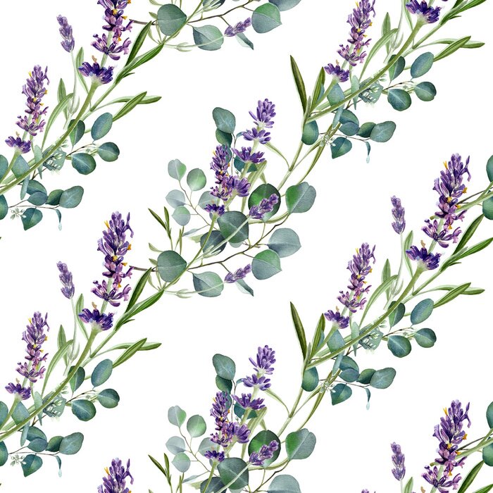 Papier peint  Fleurs de lavande et rameaux verts d'eucalyptus