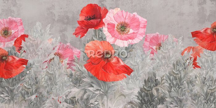 Papier peint  Fleurs de pavot rouges juteuses dans une clairière