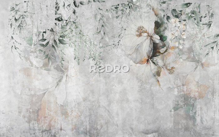 Papier peint  Fleurs délicates sur fond de béton gris