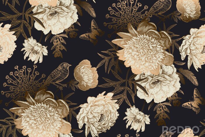 Papier peint  Fleurs et feuilles imitation or