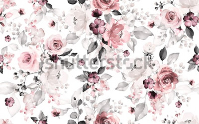 Papier peint  Fleurs et feuilles roses version aquarelle