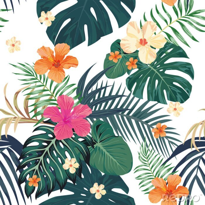 Papier peint  Fleurs et feuilles tropicales dessinées
