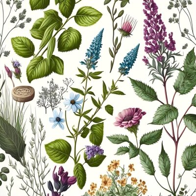 Papier peint  Fleurs et herbes sauvages sur fond blanc