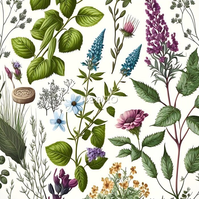 Papier peint  Fleurs et herbes sauvages sur fond blanc