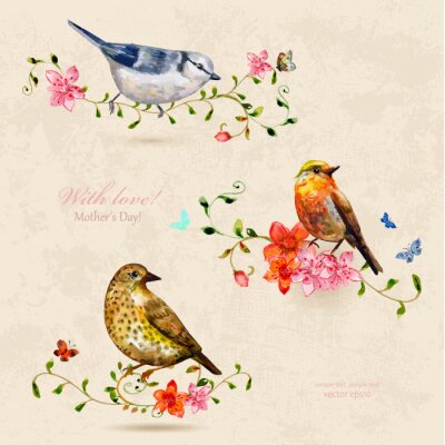 Papier peint  Fleurs et oiseaux dans un style rétro