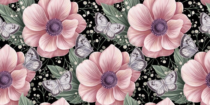 Papier peint  Fleurs et papillons glamour romantiques