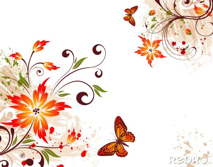 Papier peint  Fleurs et papillons sur une illustration