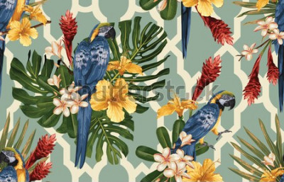 Papier peint  Fleurs et perroquets hawaïens