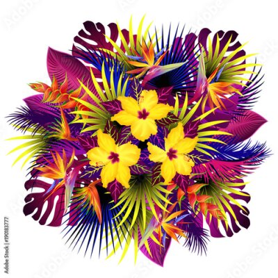 Papier peint  Fleurs exotiques Bouquet de fleurs strelitzia, hibiscus et héliconia avec des feuilles de palmier aux couleurs vives et stylisées. Illustration vectorielle dessinés à la main sur fond blanc.