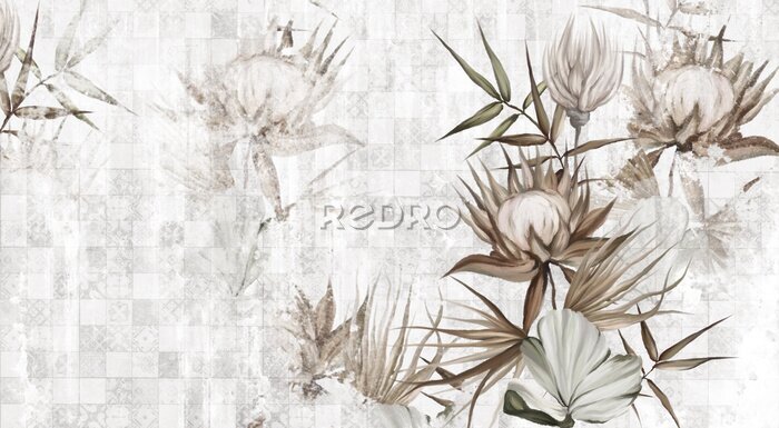 Papier peint  Fleurs exotiques sur un fond d’ornements subtils