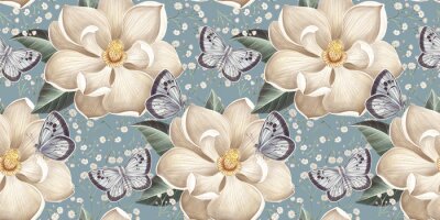 Papier peint  Fleurs printanières blanches et papillons