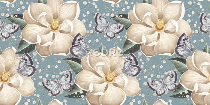 Papier peint  Fleurs printanières blanches et papillons