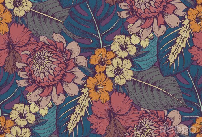 Papier peint  Fleurs rétro dessinées à la main