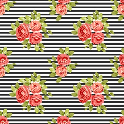 Papier peint à motif  Fleurs rouges avec des feuilles sur un fond rayé noir et blanc