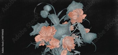 Fleurs rouges et feuilles vertes sur fond noir