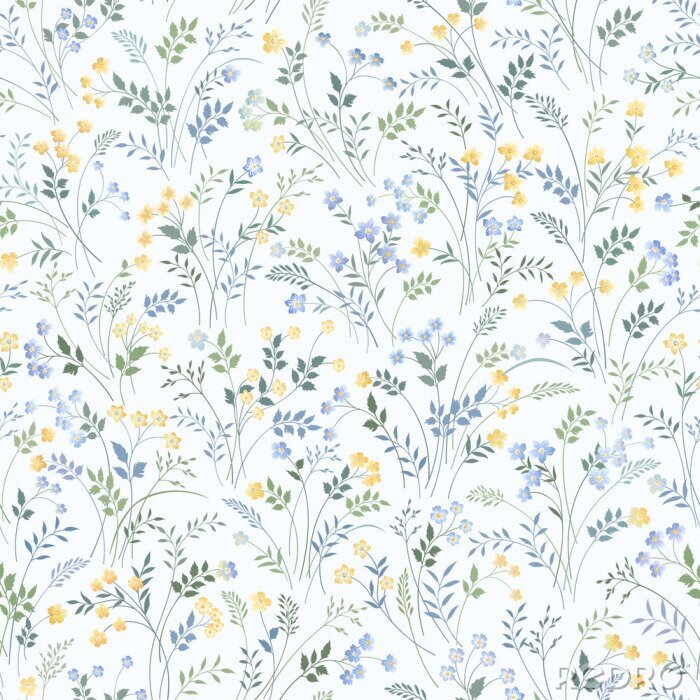 Papier peint  Fleurs sauvages bleues et jaunes sur fond clair